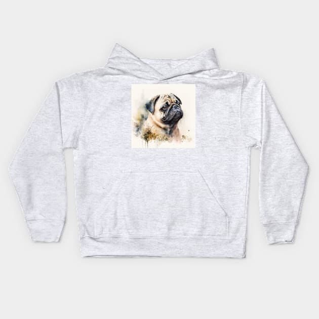 Pug Watercolour Style Painting Kids Hoodie by TheArtfulAI